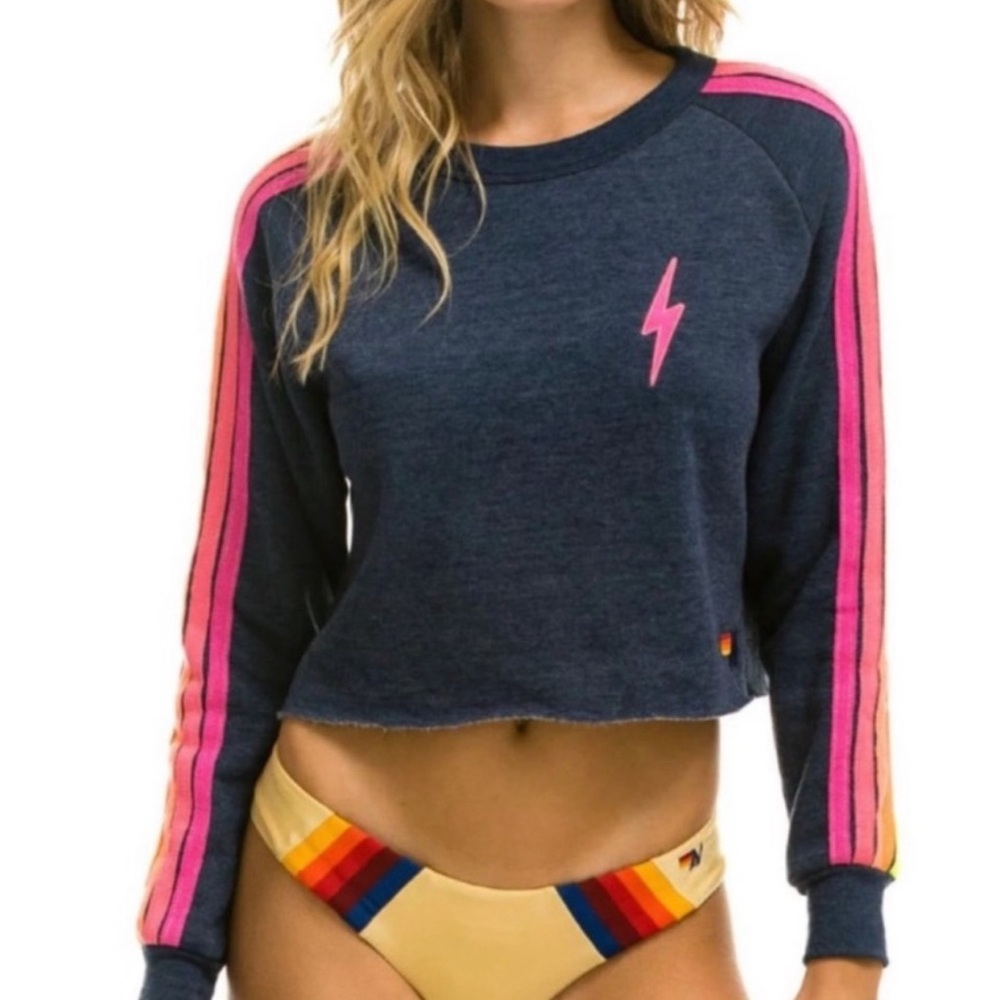 Aviator Nation Cropped Sweatshirt Navy Blue Neon Stripes Lightening Bolt